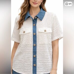 (NWOT) Textured White Short-Sleeve Tweed Shirt with denim Blue Trim
